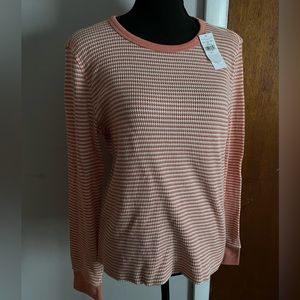 American Eagle Coral Striped Waffle Knit T-Shirt
